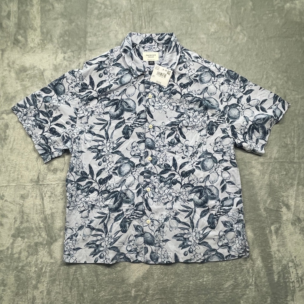 American Eagle Button Uo Shirt Mens Small Blue White Lemon Floral Relaxed Fit‎